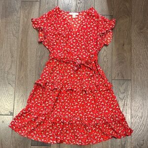 Monteau Vibrant Red Dress with White Floral Pattern